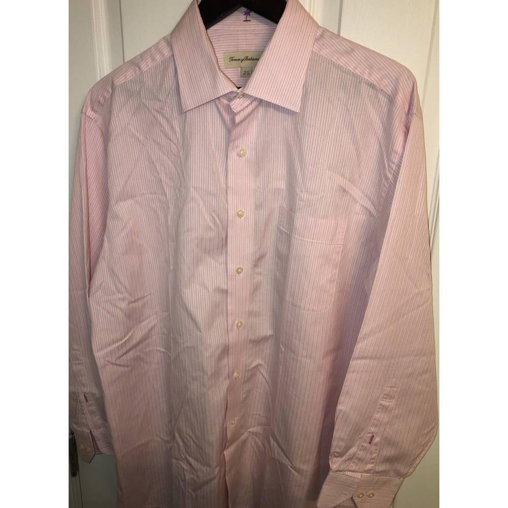 Tommy Bahama Pink Striped Dress Shirt Spread Collar Mens Size 16 1/2 32-33